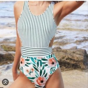Cupshe One Piece Striped and Floral Tie Back Swimsuit